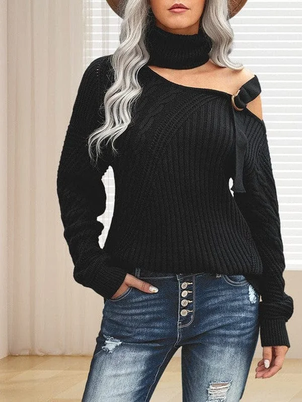 Casual Ribbed Button Decor Asymmetrical Hem Long Sleeve T-Shirt Zippered Buttoned Snapped