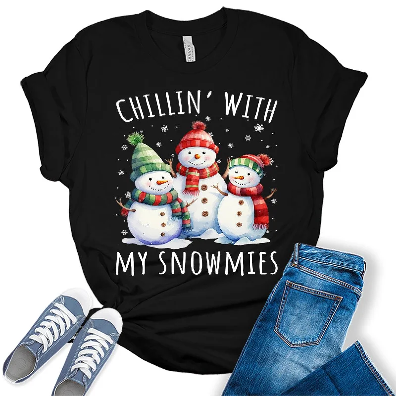 Chillin' With My Snowmies Funny Christmas Snowman T-Shirt V-Neck T-Shirt Long Sleeve Cotton