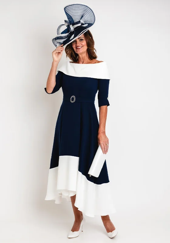 Claudia C Diana Off Shoulder A-line Midi Dress, Navy & White Stylish Pleated Skirt Midi Dress