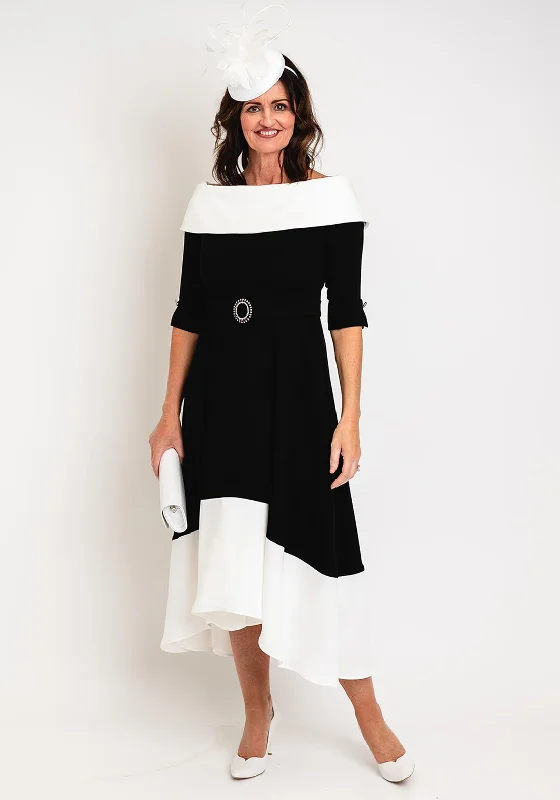 Claudia C Diana Off Shoulder A-line Midi Dress, Black & White Trendy Tiered Hem Midi Dress