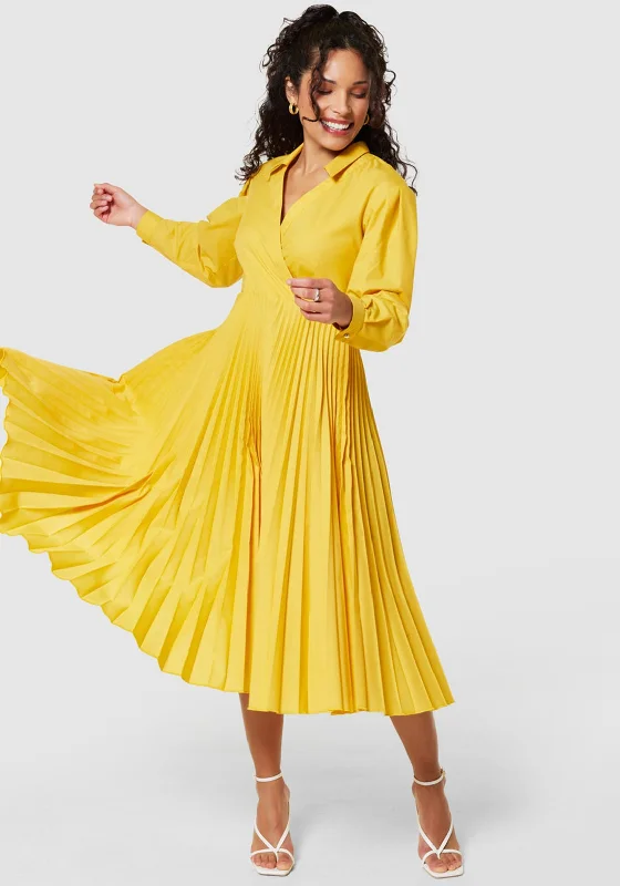 Closet London Pleated Wrap Midi Dress, Yellow Stylish Silk Midi Dress