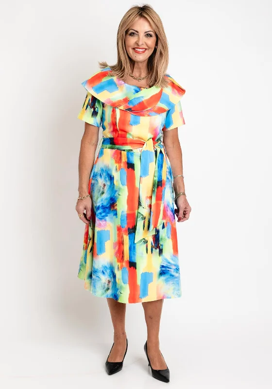 Coco Doll Hasta Multicoloured Print Midi Dress, Green Print Elegant Floral Appliqué Midi Dress