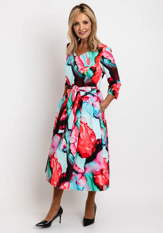 Coco Doll Judy Watercolour Inspired Print Midi Dress, Green Multi Trendy Long Sleeve Midi Dress