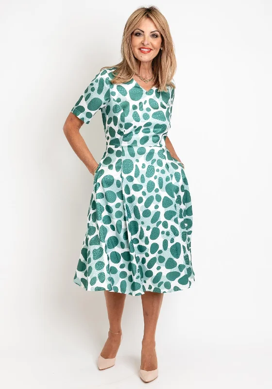 Coco Doll Judy Satin Feel Spot Print Midi Dress, Green Spot Trendy Square Neck Midi Dress