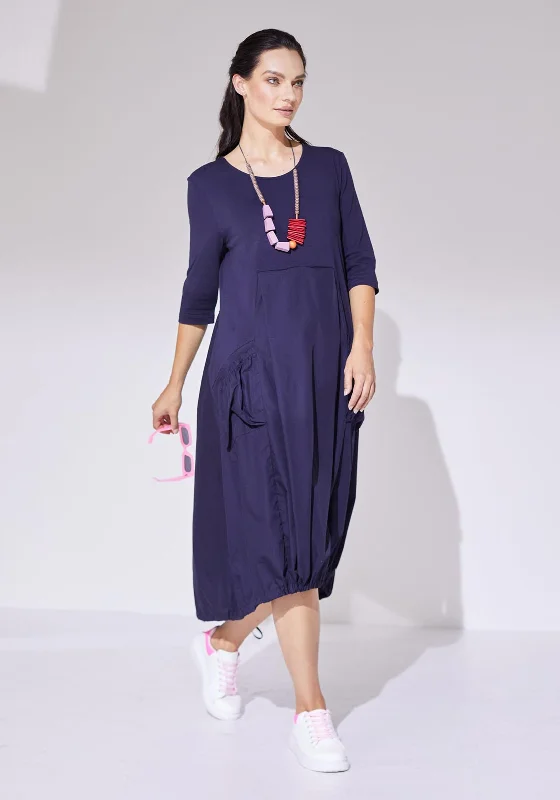 Naya Cotton Parachute Pocket Midi Dress, Navy Trendy Flared Sleeve Midi Dress