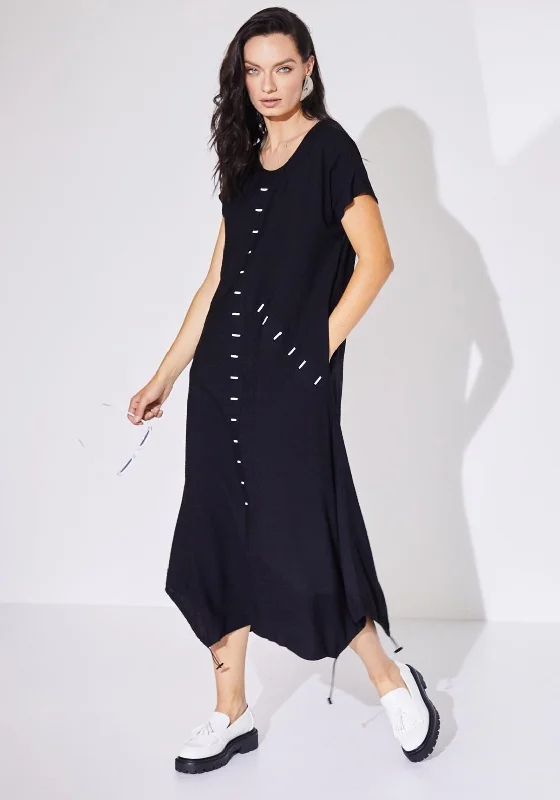 Naya Buttonhole Detail Drawstring Midi Dress, Black & White Trendy Square Neck Midi Dress