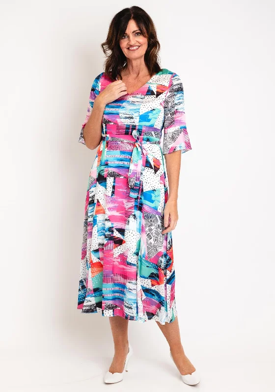 Ella Boo Satin Touch Multi Print Midi Dress, Multi Trendy Shift Midi Dress