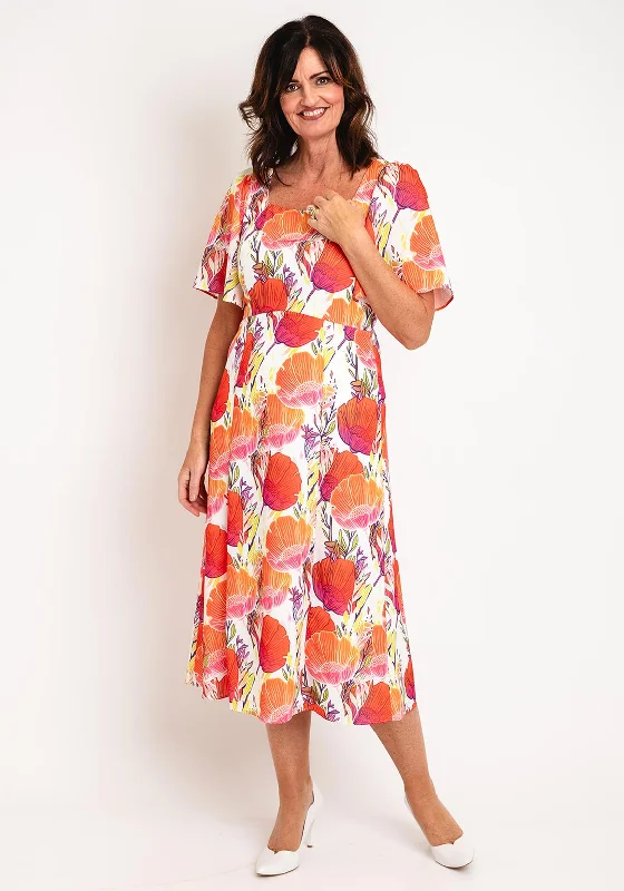 Ella Boo Square Neck Floral Midi Dress, Orange Multi Elegant Floral Appliqué Midi Dress