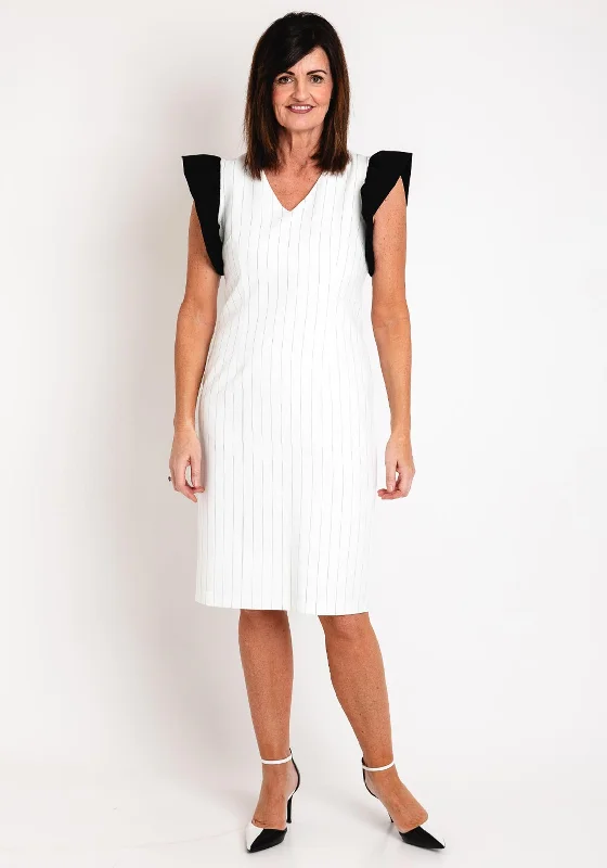 Ella Boo Pinstripe Pencil Midi Dress, White Comfortable Ribbed Midi Dress