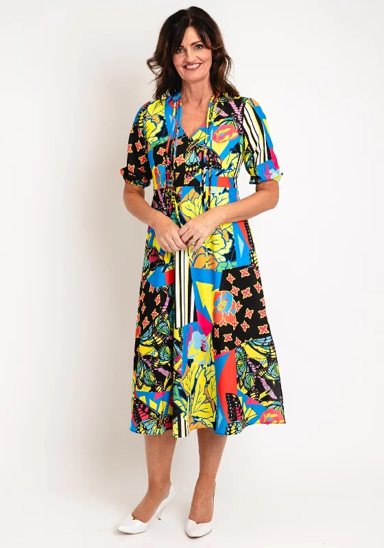 Ella Boo Vibrant Print A-Line Midi Dress, Multi Trendy Flared Sleeve Midi Dress