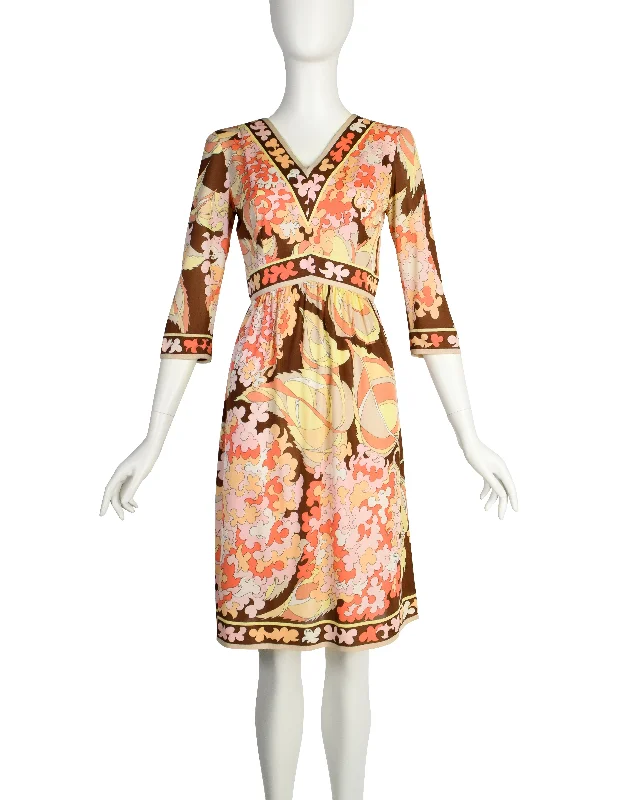 Emilio Pucci Vintage 1960s Pink Yellow Brown Pastel Floral Silk Jersey Mini Dress Chic Tropical Mini Dress