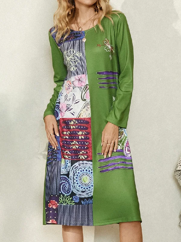 Ethnic Floral Print O-neck Long Sleeve Vintage Women Midi Dress Trendy Smocked Waist Midi Dress