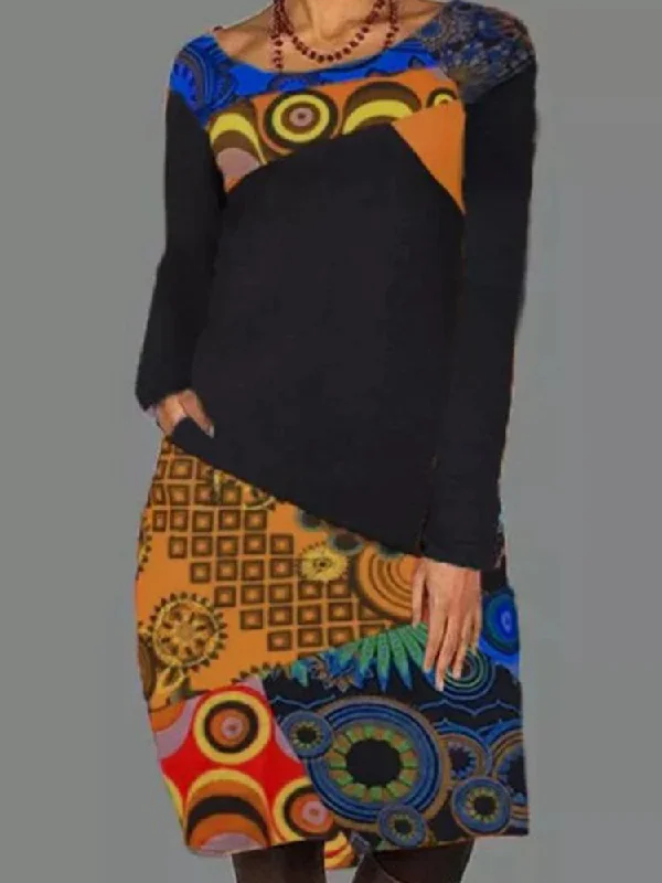 Ethnic Pattern Patchwork Casual Print Round Neck Long Sleeve Women Midi Dress Elegant Satin Slip Midi Dress