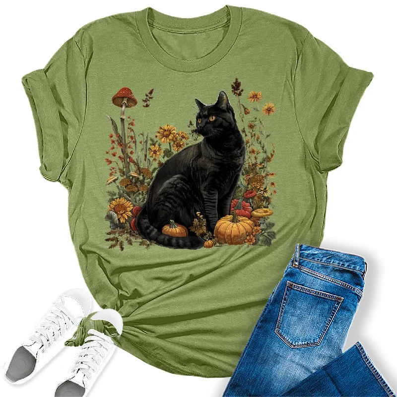 Fall Black Cat Graphic Tees For Women Polka Dot Checkered Tartan