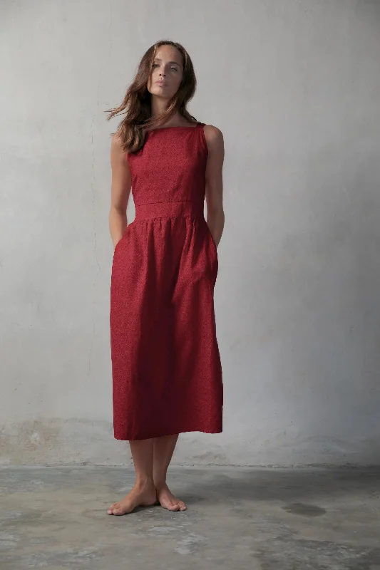 Farfalla Linen Midi Dress Red Bordeaux Trendy Tiered Hem Midi Dress