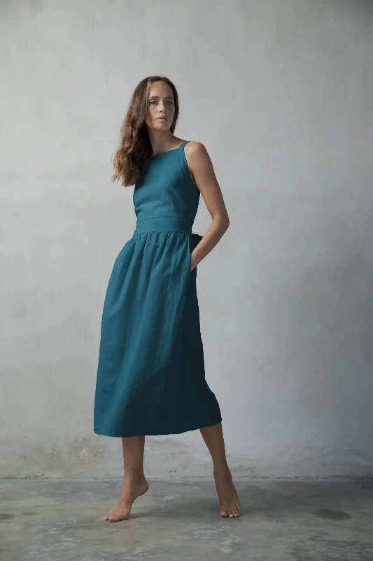 Farfalla Linen Midi Dress Teal Stylish Halter Neck Midi Dress