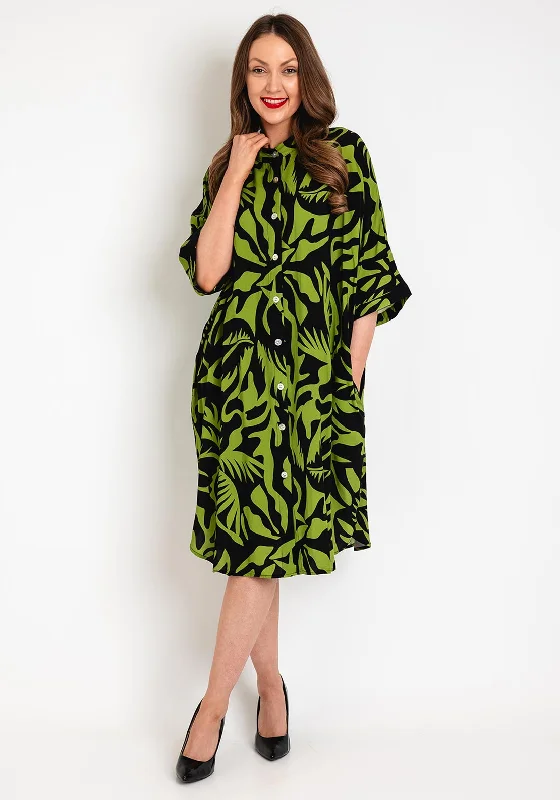 Natalia Collection One Size Tropical Print Midi Dress, Kiwi Green Trendy Smocked Waist Midi Dress