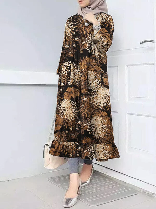 Flora Print Ruff Hem O-neck Casual Bohemian Abaya Kaftan Shirt Pocket Women Midi Dress Stylish Animal Print Midi Dress