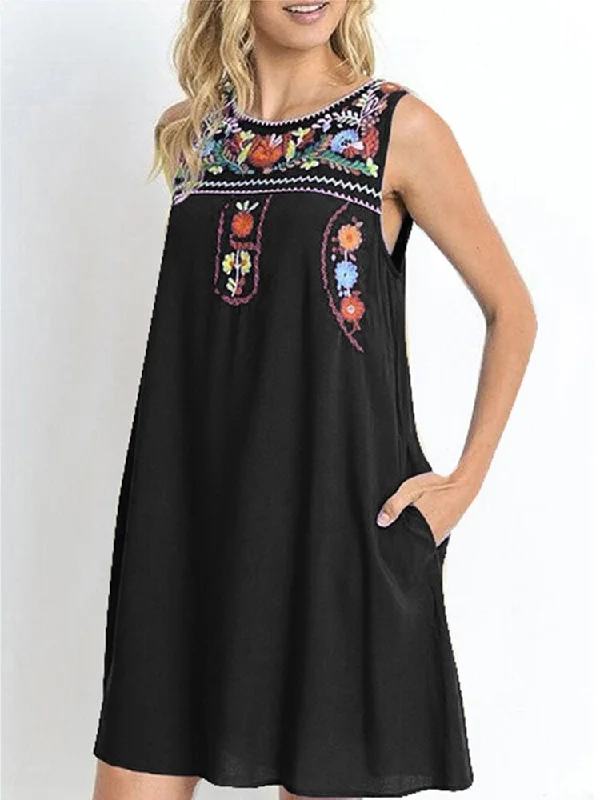 Flower Embroidery Crew Neck Sleeveless Loose Pockets Women Midi Dress Cozy T-shirt Midi Dress