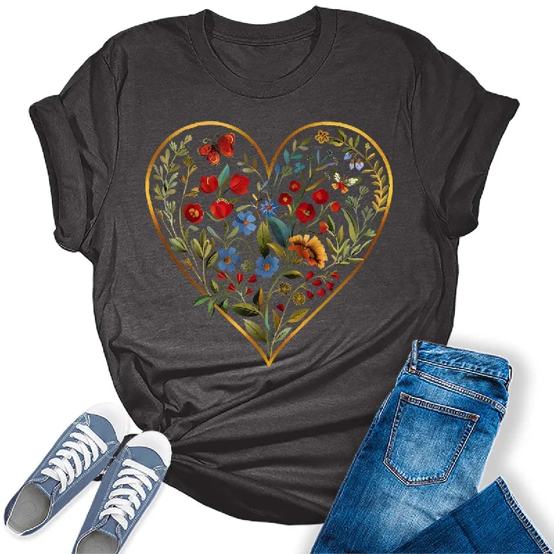 Flower Heart Graphic Tees For Women Ribbed T-Shirt High Neck Heavyweight