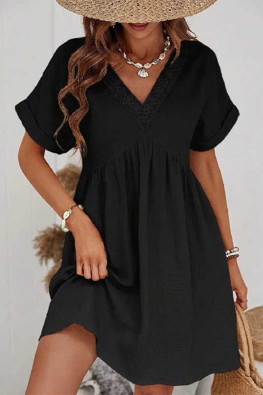 Folded Short Sleeve Lace V Neck Mini Dress Elegant Silk Mini Dress