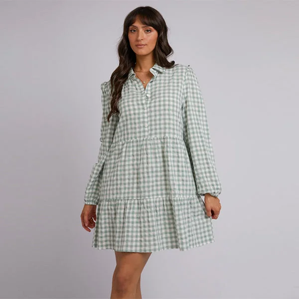 Frankie Long Sleeve Mini Dress - Sage Check Fashionable Mini Dress with Frills