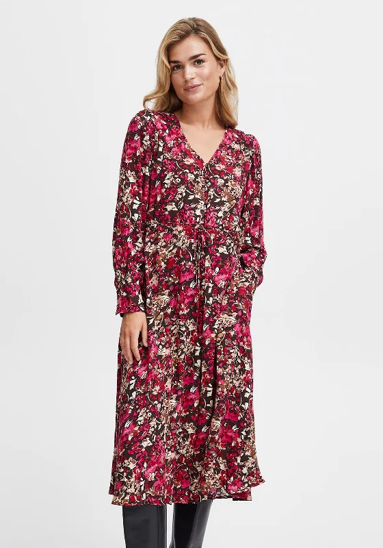 Fransa Floral Print A-Line Midi Dress, Very Berry Fashionable Plaid Midi Dress