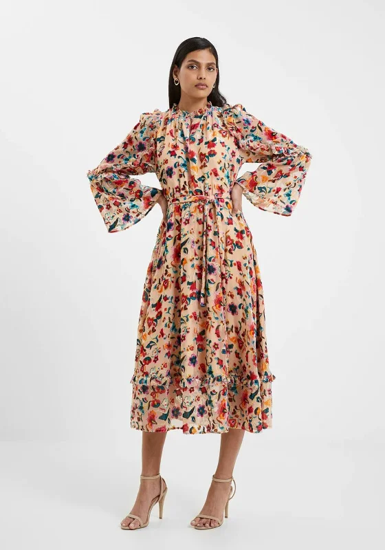 French Connection Avery Burn-Out Midi Dress, Toasted Almond Trendy A-Line Midi Dress