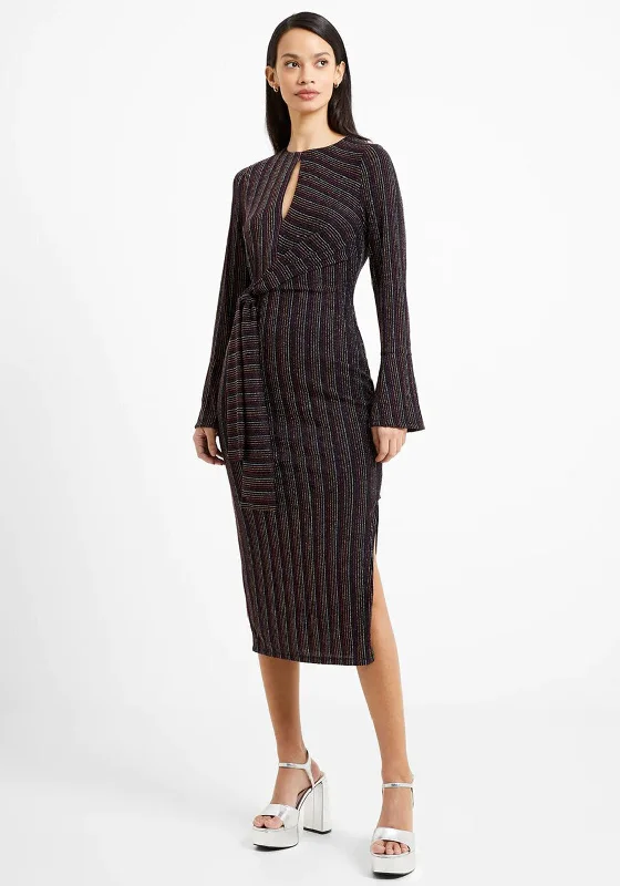 French Connection Paula Keyhole Midi Dress, Blackout Multi Elegant Puff Sleeve Midi Dress