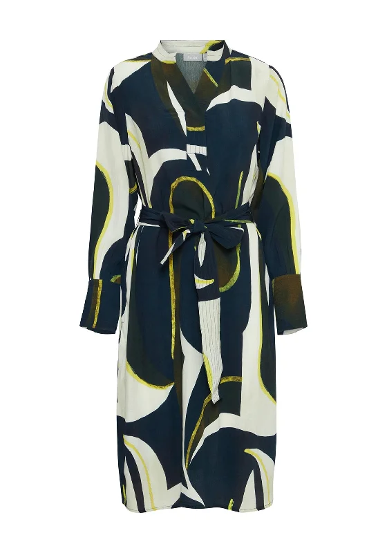 Fransa Lena Abstract Print Midi Dress, Navy & Yellow Fashionable Off-Shoulder Dress Midi