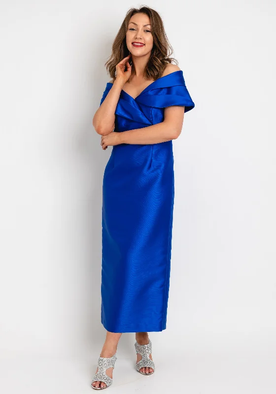 Gabriela Sanchez Off-the-Shoulder Pencil Midi Dress, Cobalt Stylish Satin Midi Dress