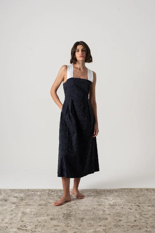 Gessato Linen Midi Dress Navy Pinstripe Chic Floral Print Midi Dress