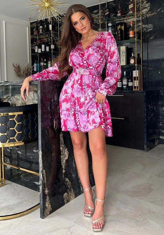 Girl In Mind Tammy Print Skater Mini Dress, Pink Comfortable Fit-and-Flare Mini Dress