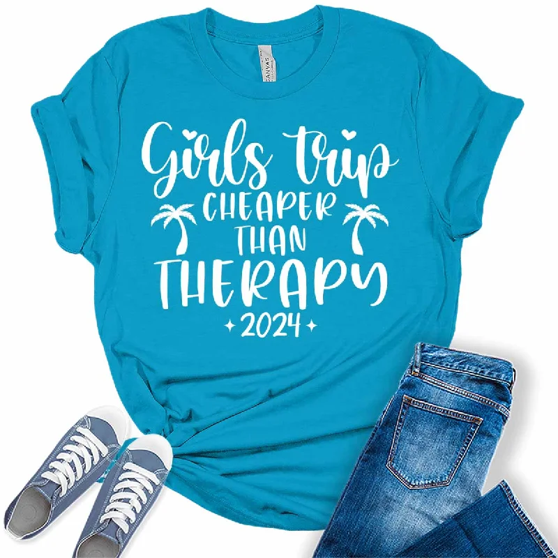 Girls Trip Cheaper Than Therapy 2024 Trendy Summer Womens Graphic Tees Solid Color Striped Floral