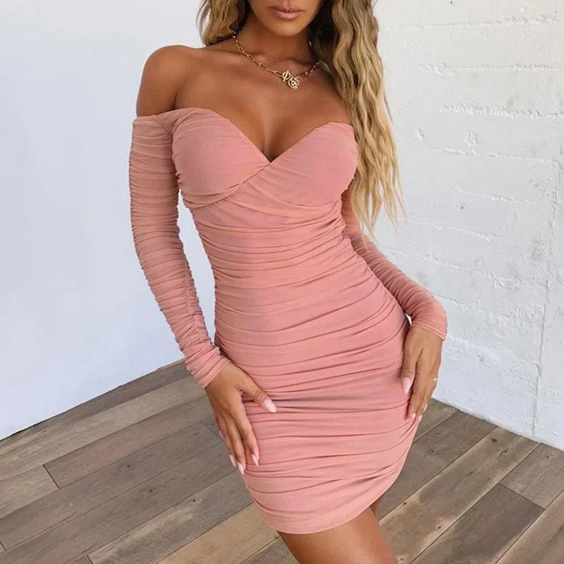 Pink off shoulder v neck bodycon mini dress Long sleeve Chic Halter Mini Dress