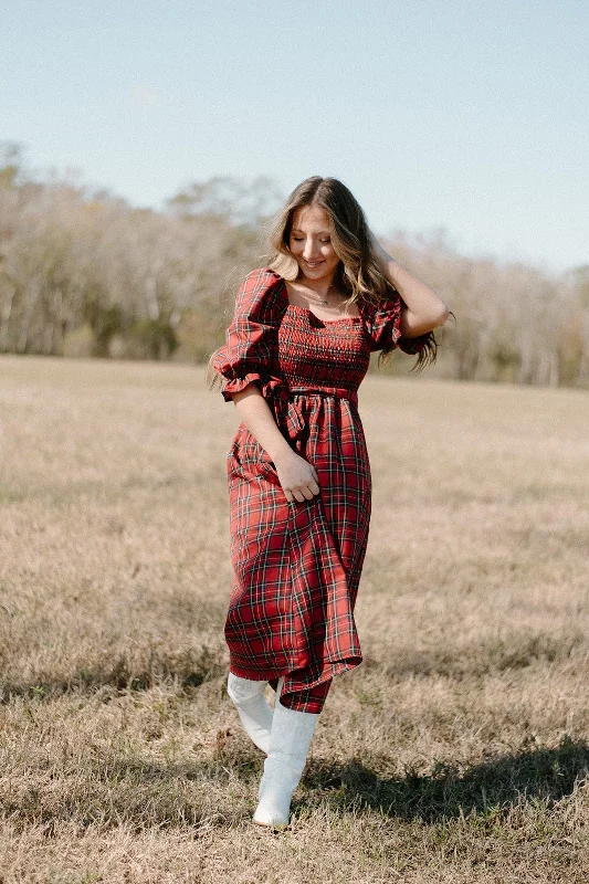 Holiday Red Plaid Midi Dress Fashionable Pleated Midi Dress