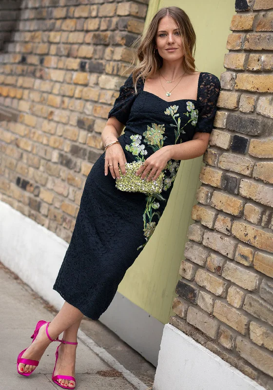 Hope & Ivy Adria Lace Embroidered Midi Dress, Navy Elegant Velvet Midi Dress