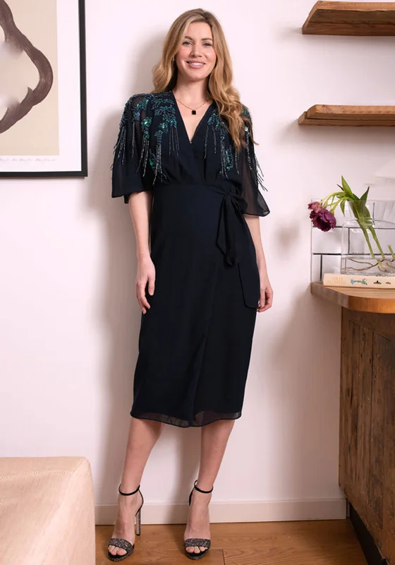 Hope & Ivy Brittany Embellished Wrap Midi Dress, Navy Fashionable Sheer Sleeve Midi Dress