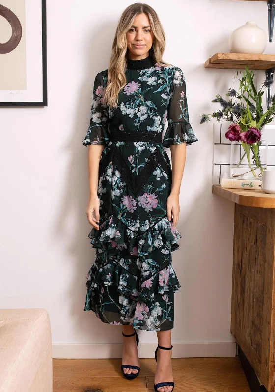 Hope & Ivy Ellen Ruffle Skirt Floral Midi Dress, Green and Pink Elegant Satin Slip Midi Dress