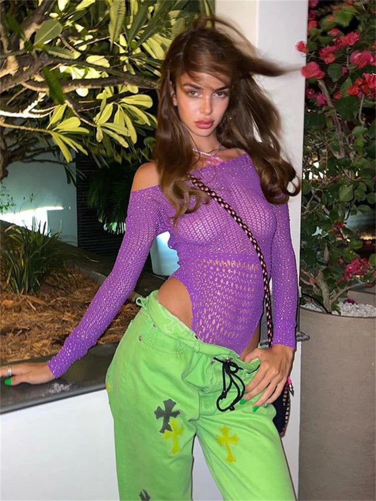 Hot Drill HollowOutSexy Off-shoulder Mesh Diamonds Backless Nightclub T-shirt Terry Blend Velvet Blend Canvas Blend