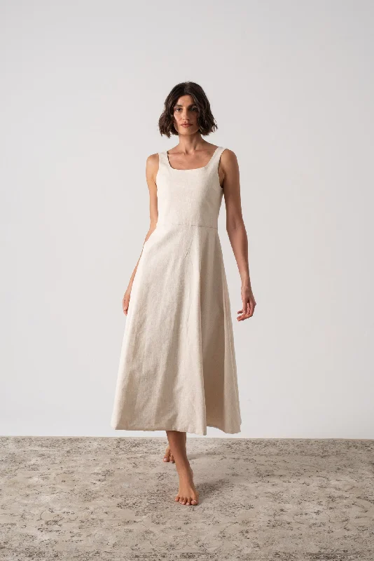 Ionia Linen Midi Dress Natural Beige Fashionable High-Low Midi Dress