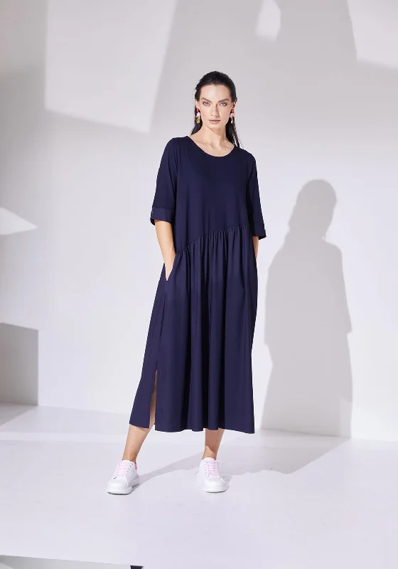 Naya Gathered Contrast Skirt Jersey Midi Dress, Navy Fashionable Sheer Sleeve Midi Dress