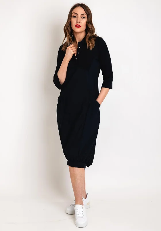 Naya Drawstring Hem Jersey Mix Midi Dress, Navy Comfortable Ribbed Midi Dress