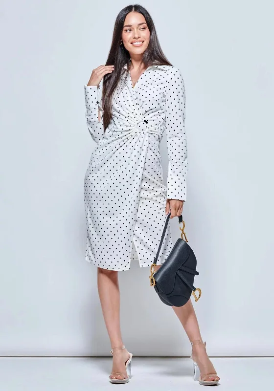 Jolie Moi Buckle Polka Dot Midi Dress, White & Black Fashionable Fitted Midi Dress