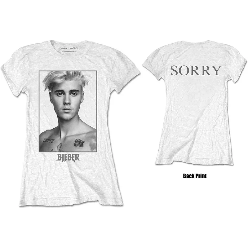 Justin Bieber Ladies T-Shirt: Sorry Ladies (Back Print) Fleece Fabric Down Fabric Feather Fabric