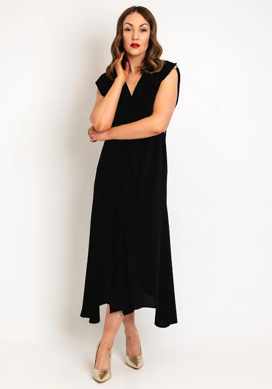 Kameya Ruffled Front Midi Dress, Black Trendy Off-Shoulder Button Midi Dress