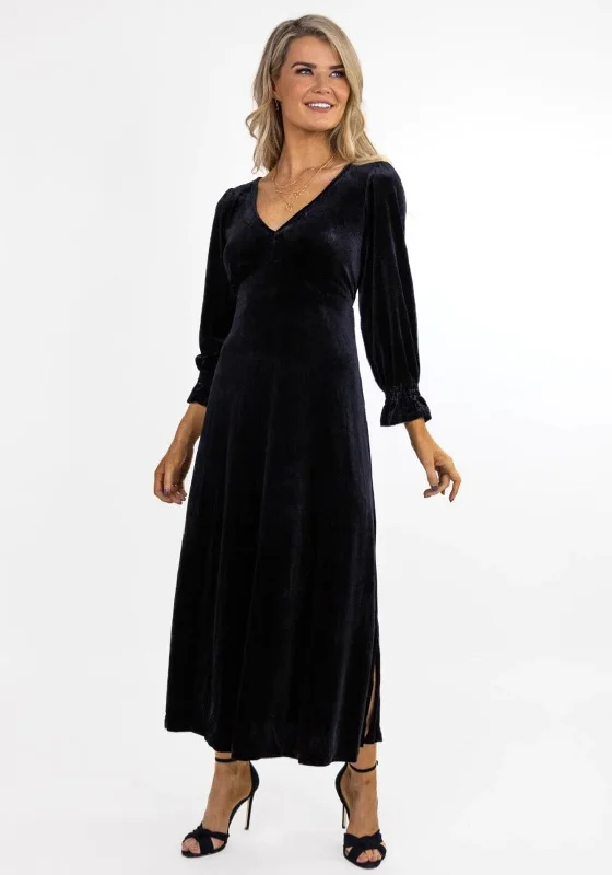 Kate & Pippa Streasa Velvet A-line Midi Dress, Black Elegant Sleeveless Midi Dress