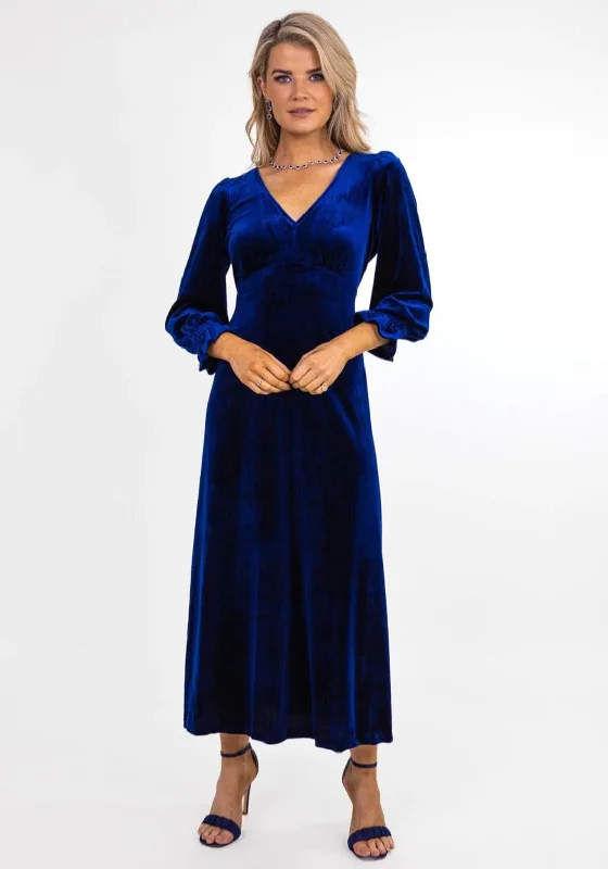 Kate & Pippa Streasa Velvet A-line Midi Dress, Navy Stylish Vintage Midi Dress