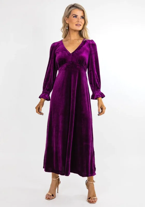 Kate & Pippa Streasa Velvet A-line Midi Dress, Purple Trendy Boho Midi Dress