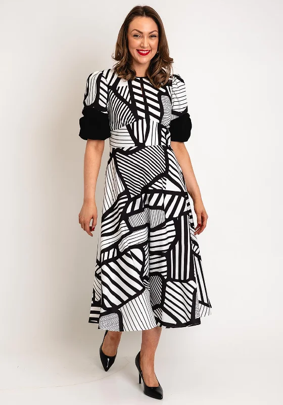 Kate Cooper Cutout Geo Print A-Line Midi Dress, Black & White Elegant Floral Skirt Midi Dress